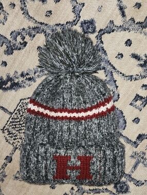 The NEW Boutique Gray Knit Pom Beanie with Red & White Stripes